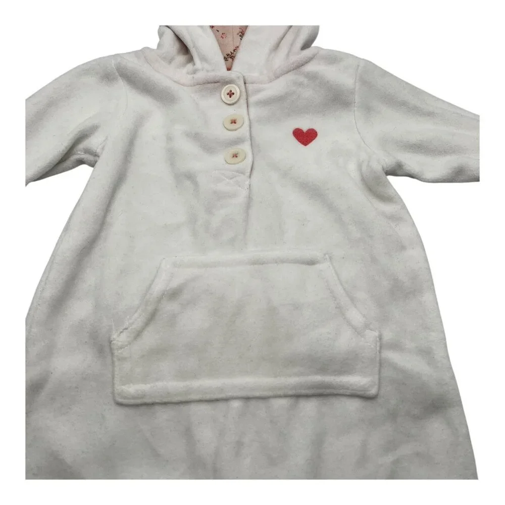 Carter’s Baby Hooded Fleece One Piece 9M Heart & Button Detail White Pink Floral